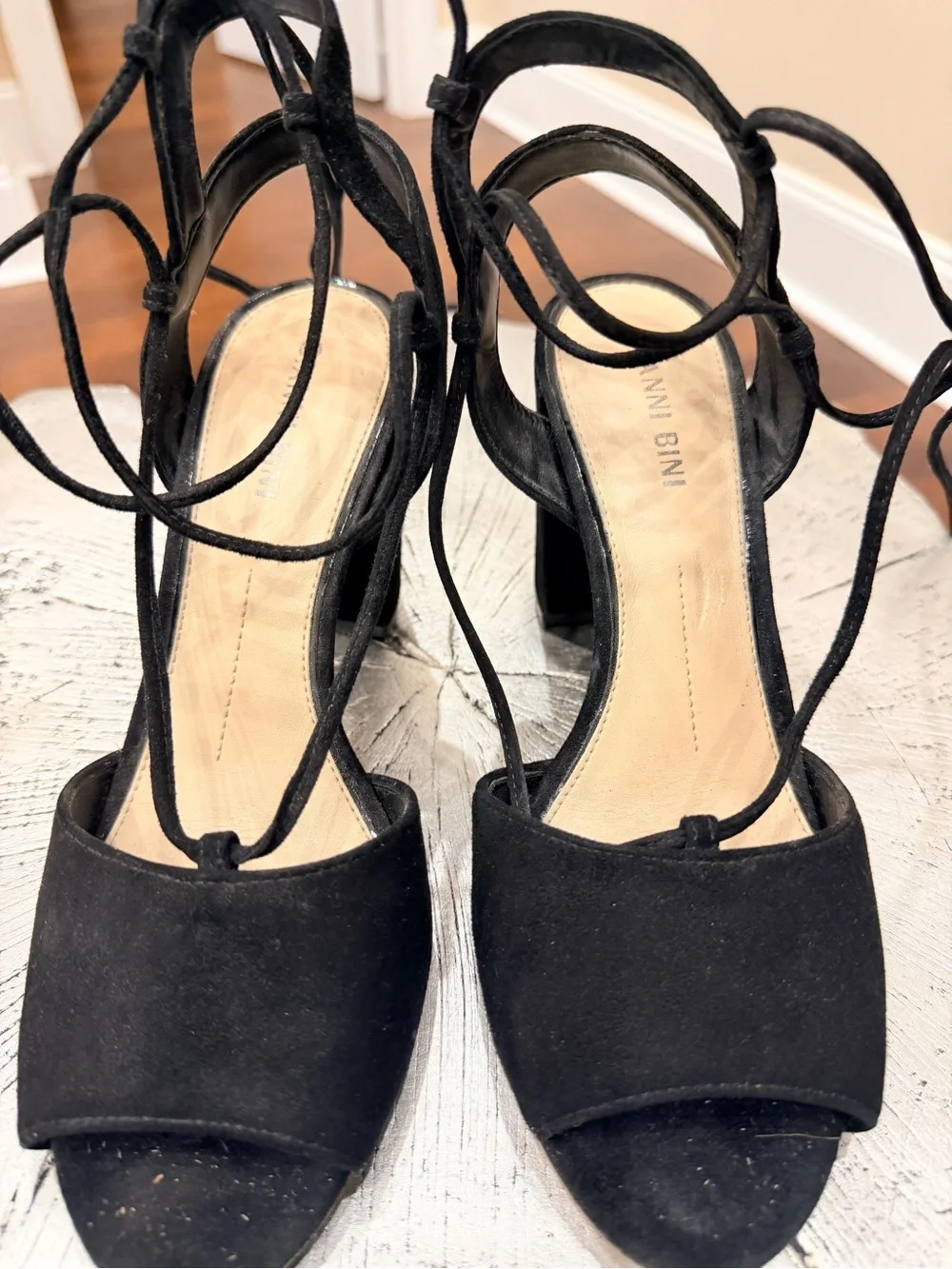 Gianni Bini Black Suede Lace-Up Block Heels